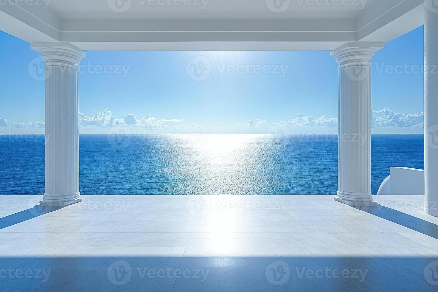 Modern architectural design with minimalist structure and columns overlooking the vast, calm ocean. photo