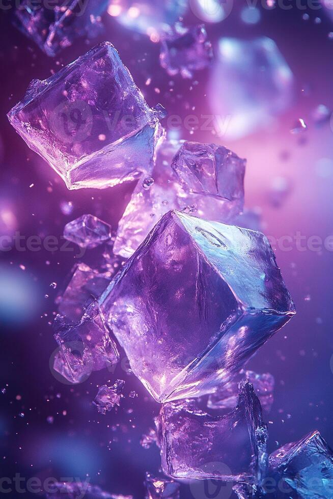 Purple ice cube background, ice cube texture. Ice cube vertical wallpaper. Ice drinks for soft drink business. Generated by artificial intelligence photo