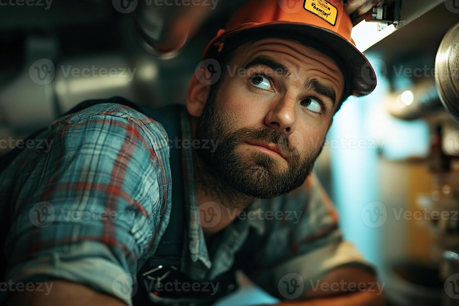 A plumber or handyman performs maintenance on a pipe in search of a water leak. photo