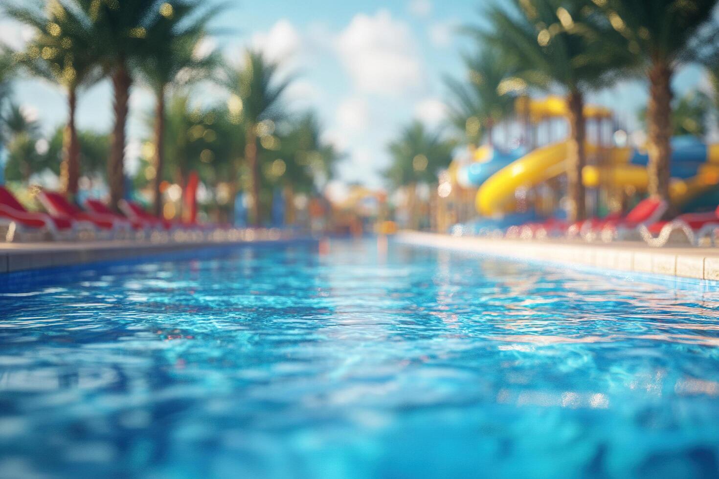 Close-up of water in a hotel swimming pool with aqua park on a sunny day. Concept of vacation in hot countries. photo
