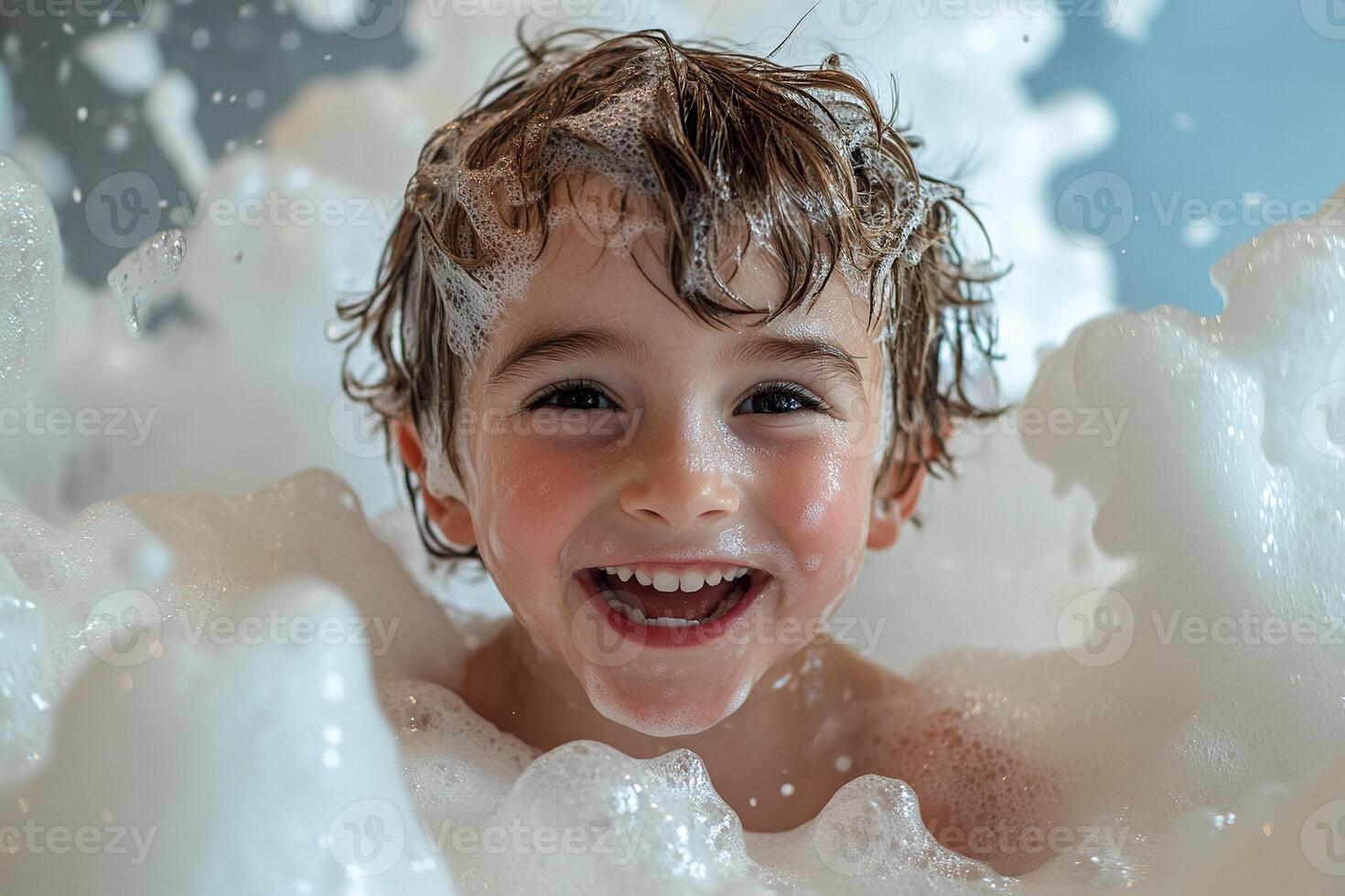 Happy funny child laughing and bathing in a bathtub full of foam. Generated by artificial intelligence photo