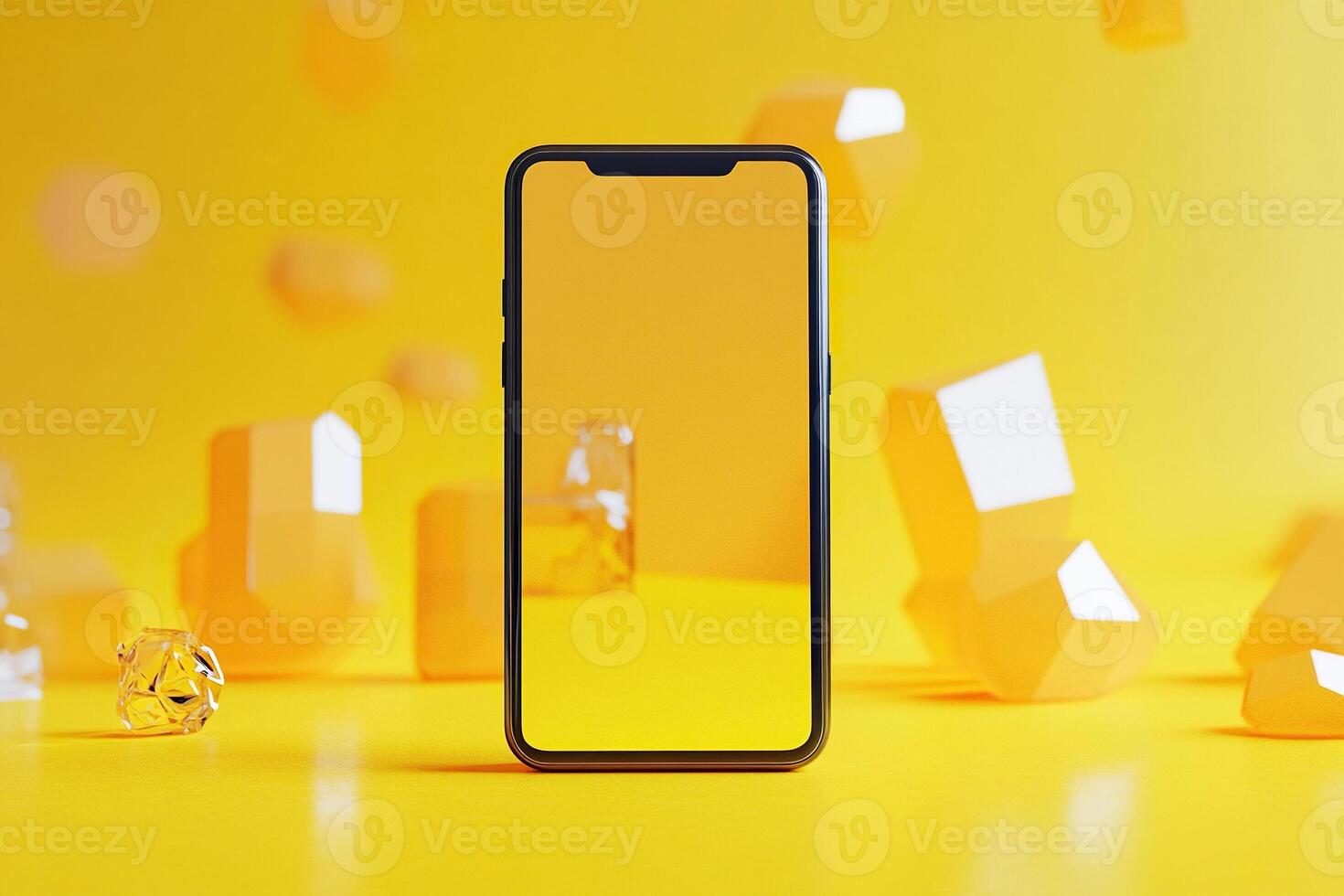 Mockup of a smartphone with a transparent screen on a bright yellow background. Generated by artificial intelligence photo