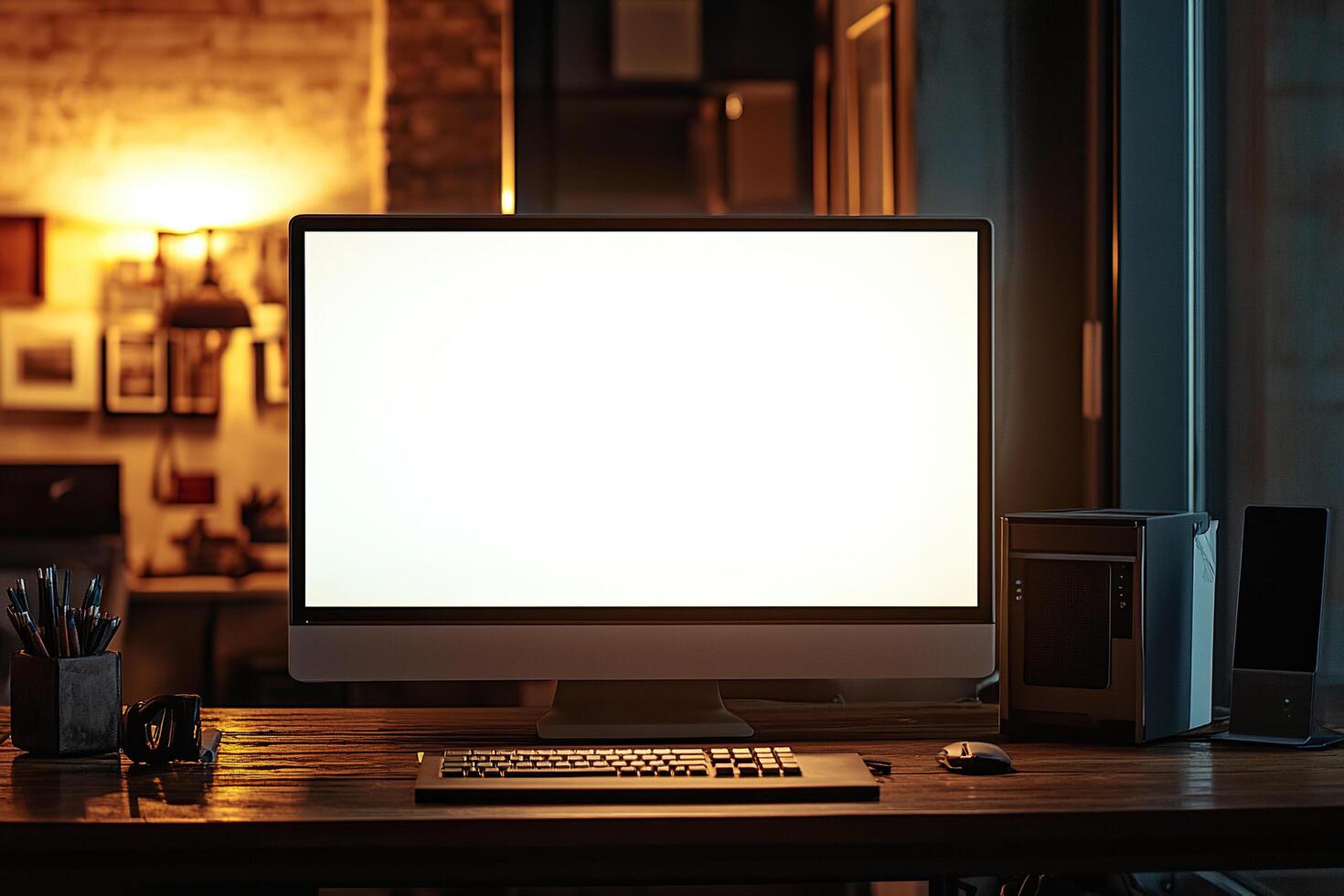Minimalistic workspace with large white screen monitor on wooden table photo