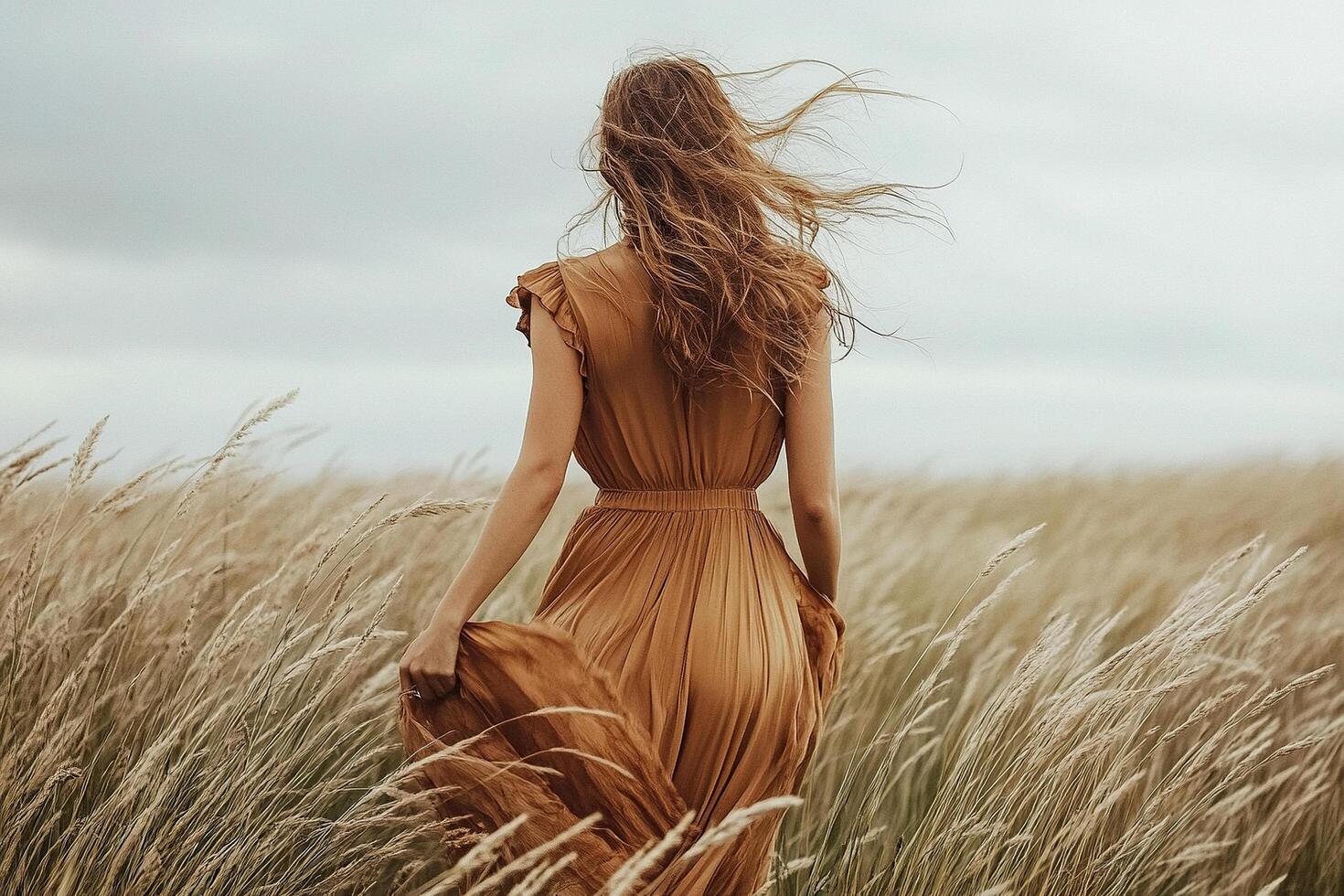 Woman in flowing dress walking through wheat field, rear view photo
