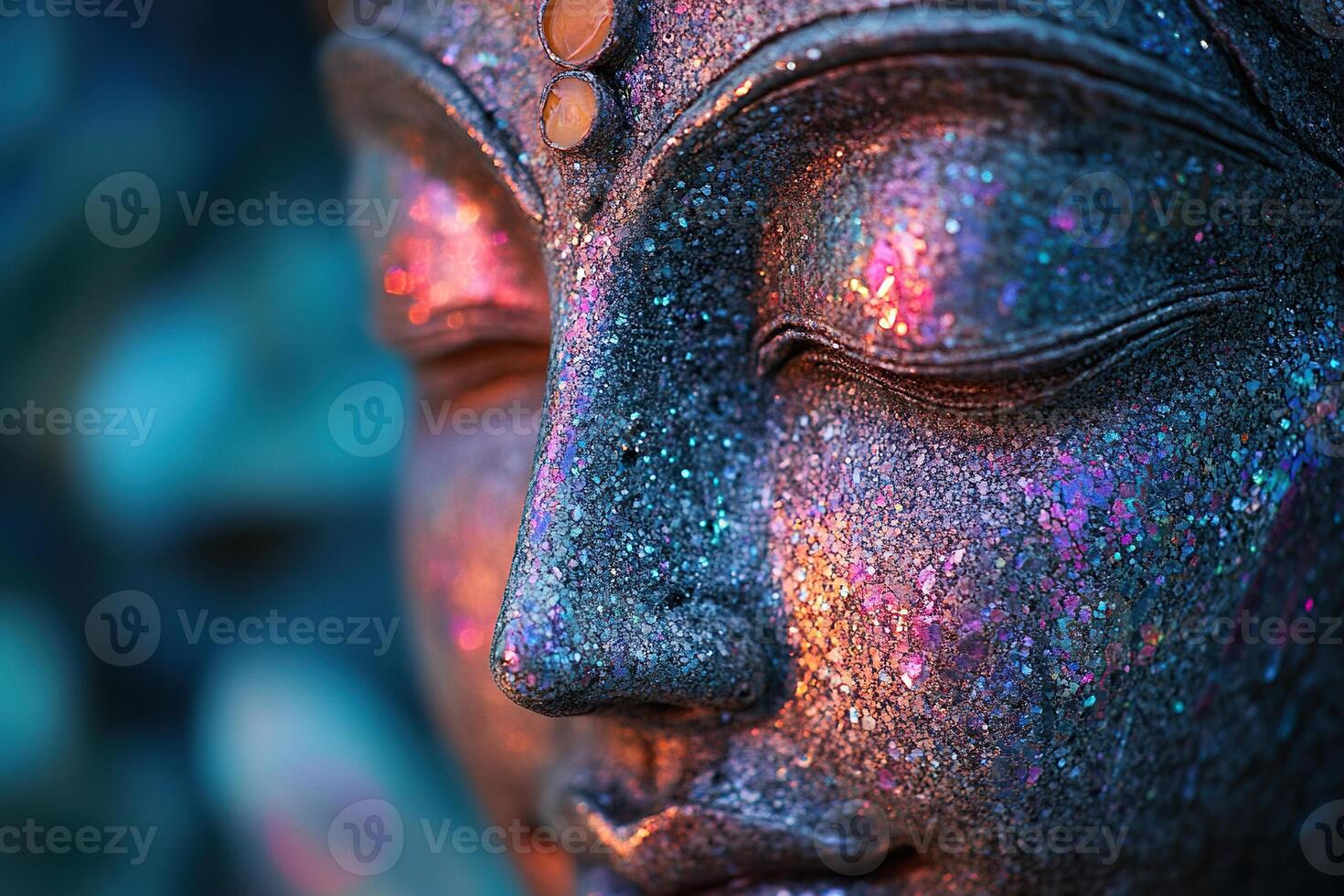 Calm Buddha face with colorful reflections close up photo