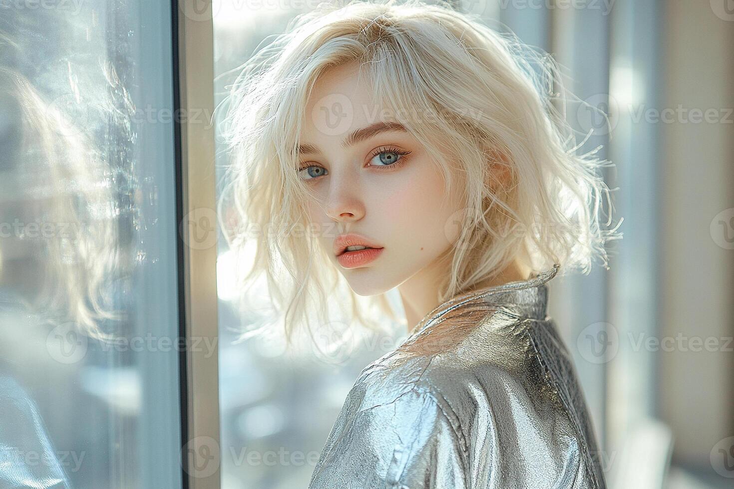 Blonde in metallic outfit lights up the space photo