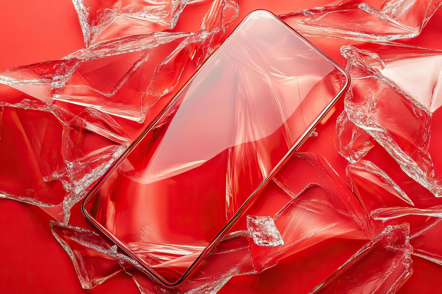 Smartphone on a red background surrounded by broken glass photo