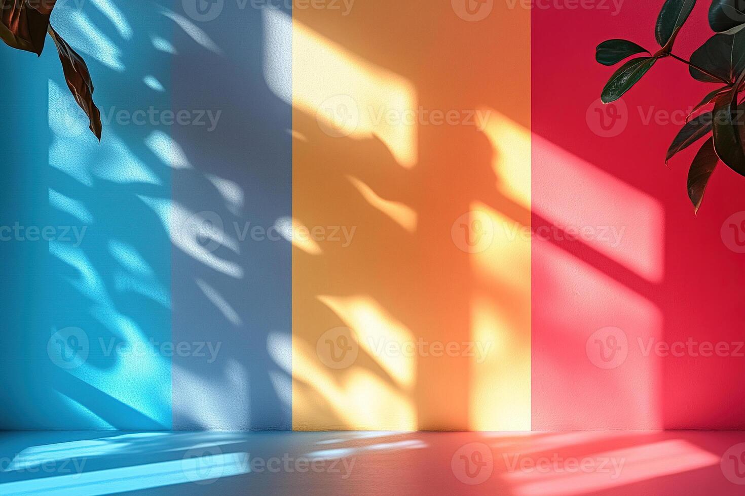Colorful wall with shadows of plants in sunlight photo