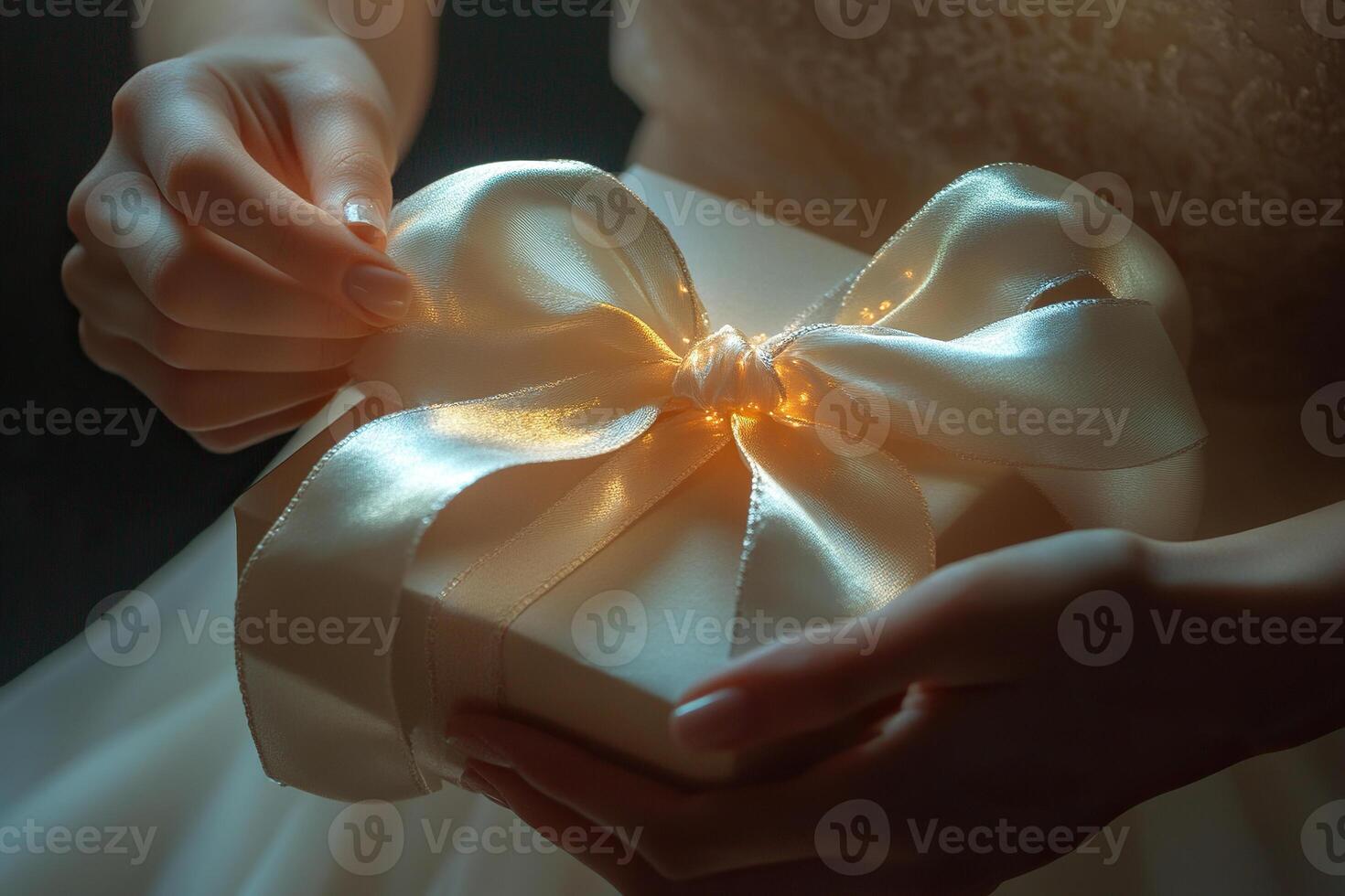 Elegant gift with satin ribbon in soft light photo