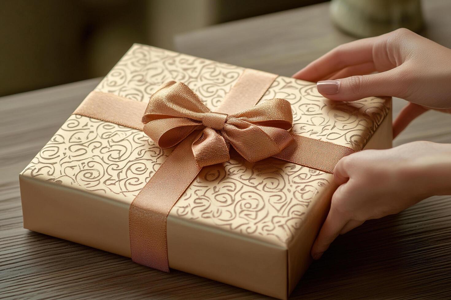 Elegant gift box with decorative ribbon in hands photo
