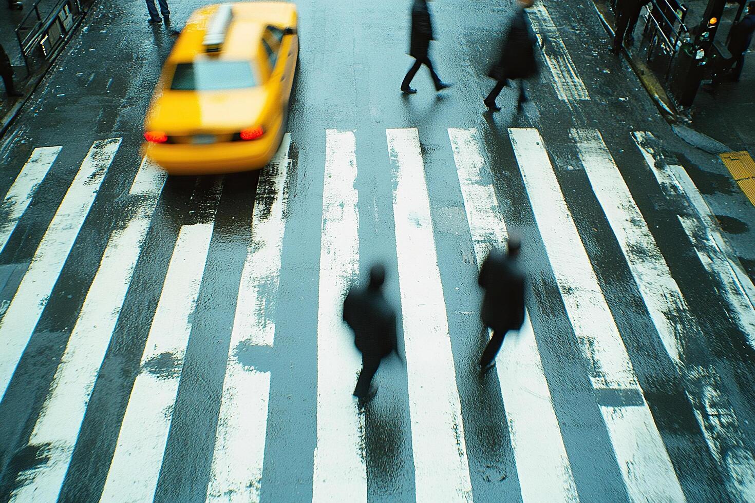 Blurred traffic of taxis and pedestrians on a crosswalk photo