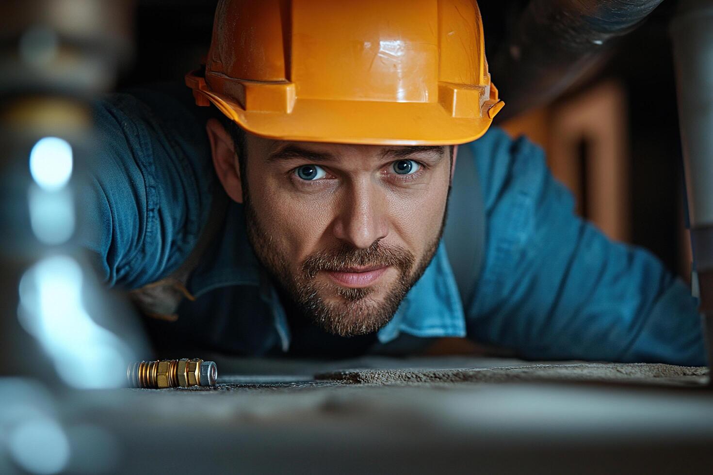 Focused plumber inspecting pipes in confined space photo