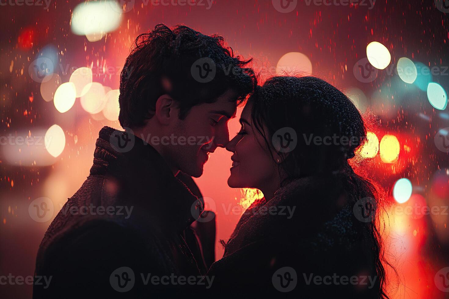 Romantic couple smiling in rainy city at night photo