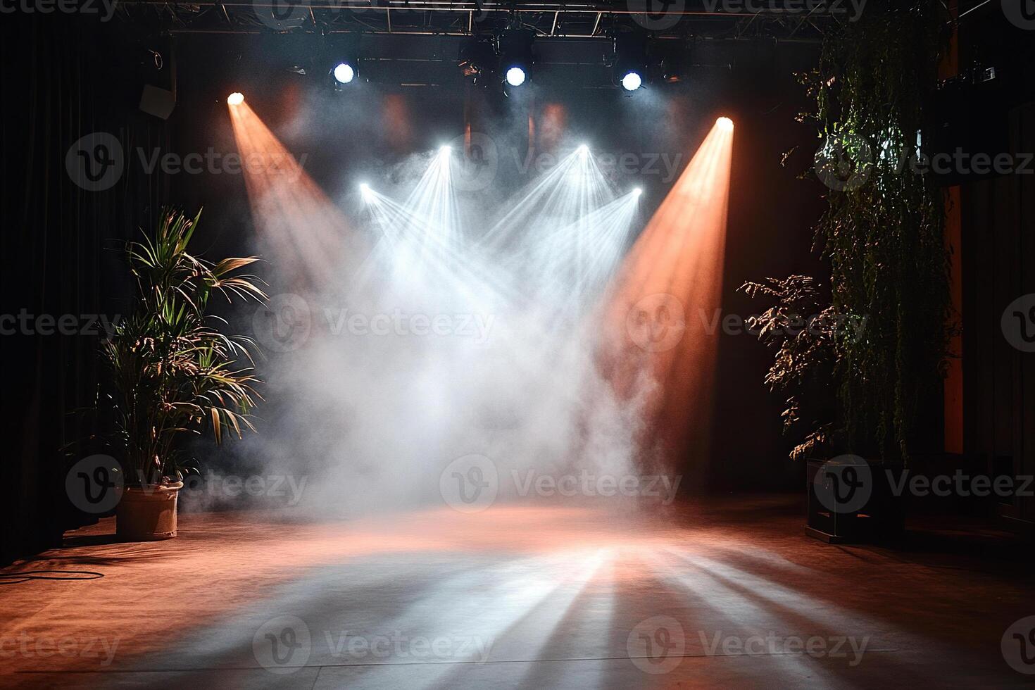 Empty stage with dramatic lighting and plants in dramatic fog photo