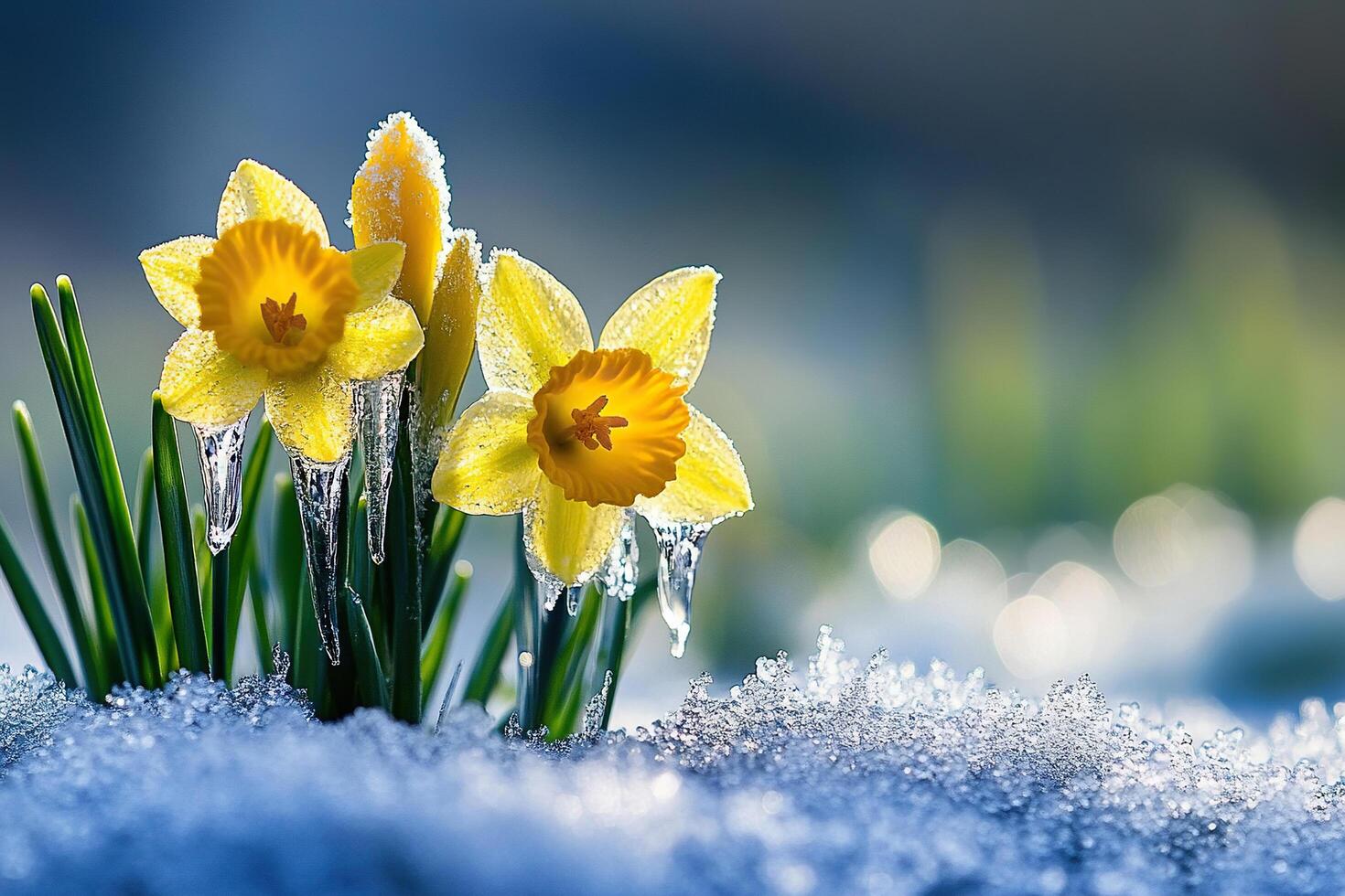 Daffodils emerging from under the icy snow in spring photo