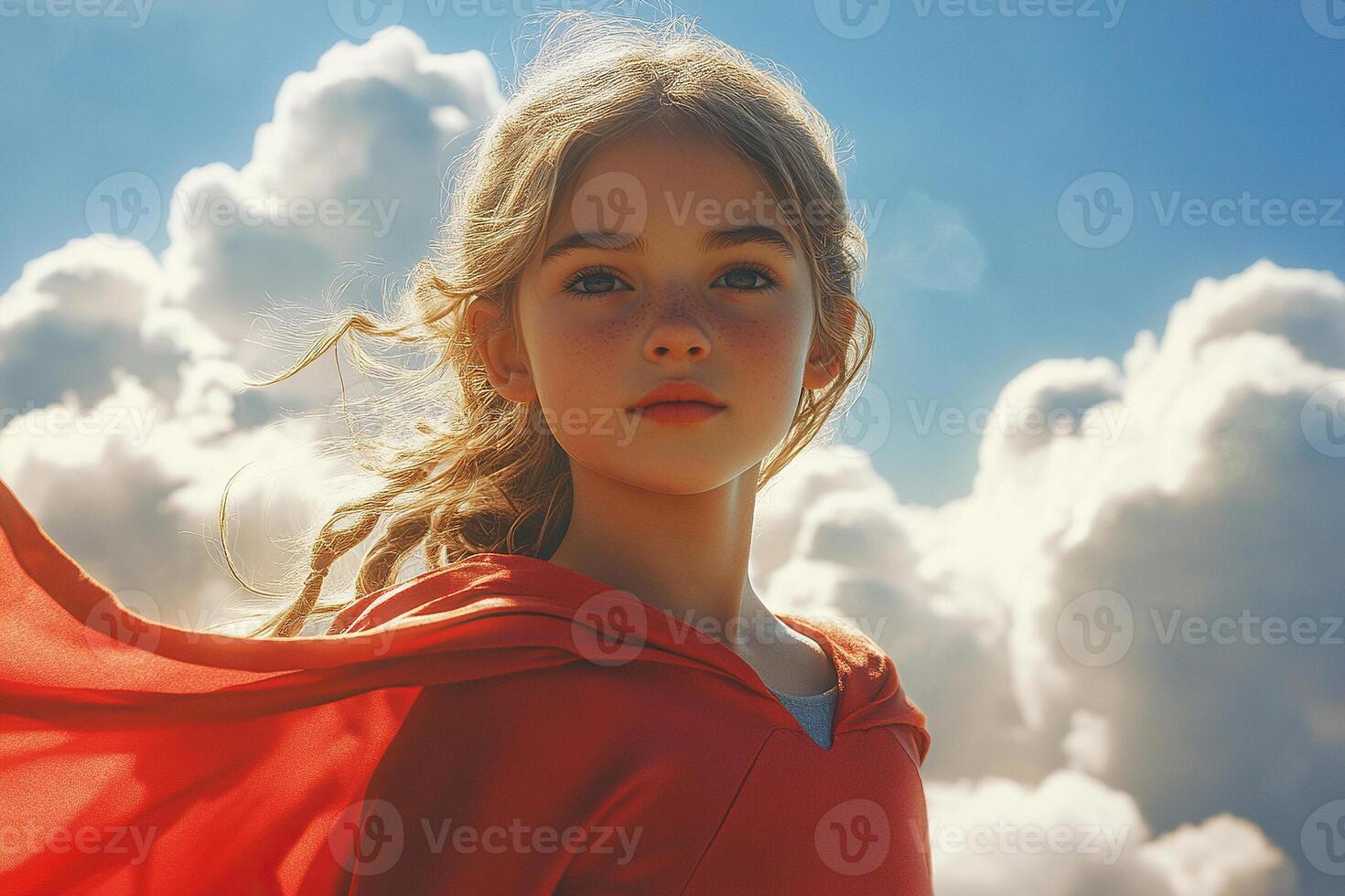 Young hero girl in red cloak looking at clouds photo