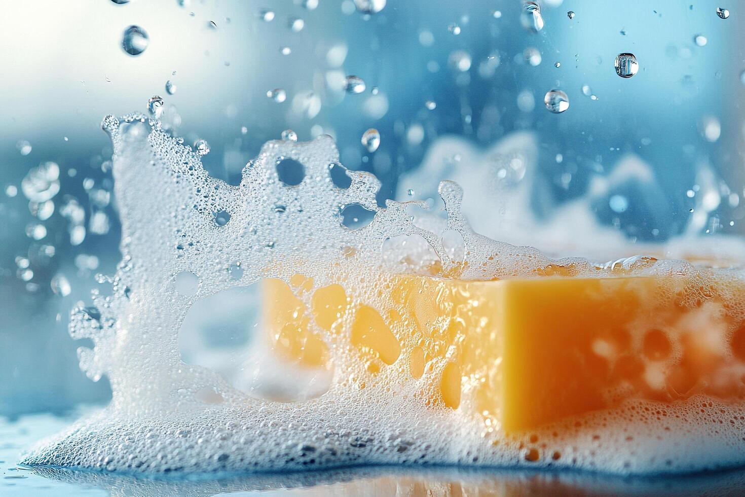 Close up of foam soap sponge with foam and water droplets photo