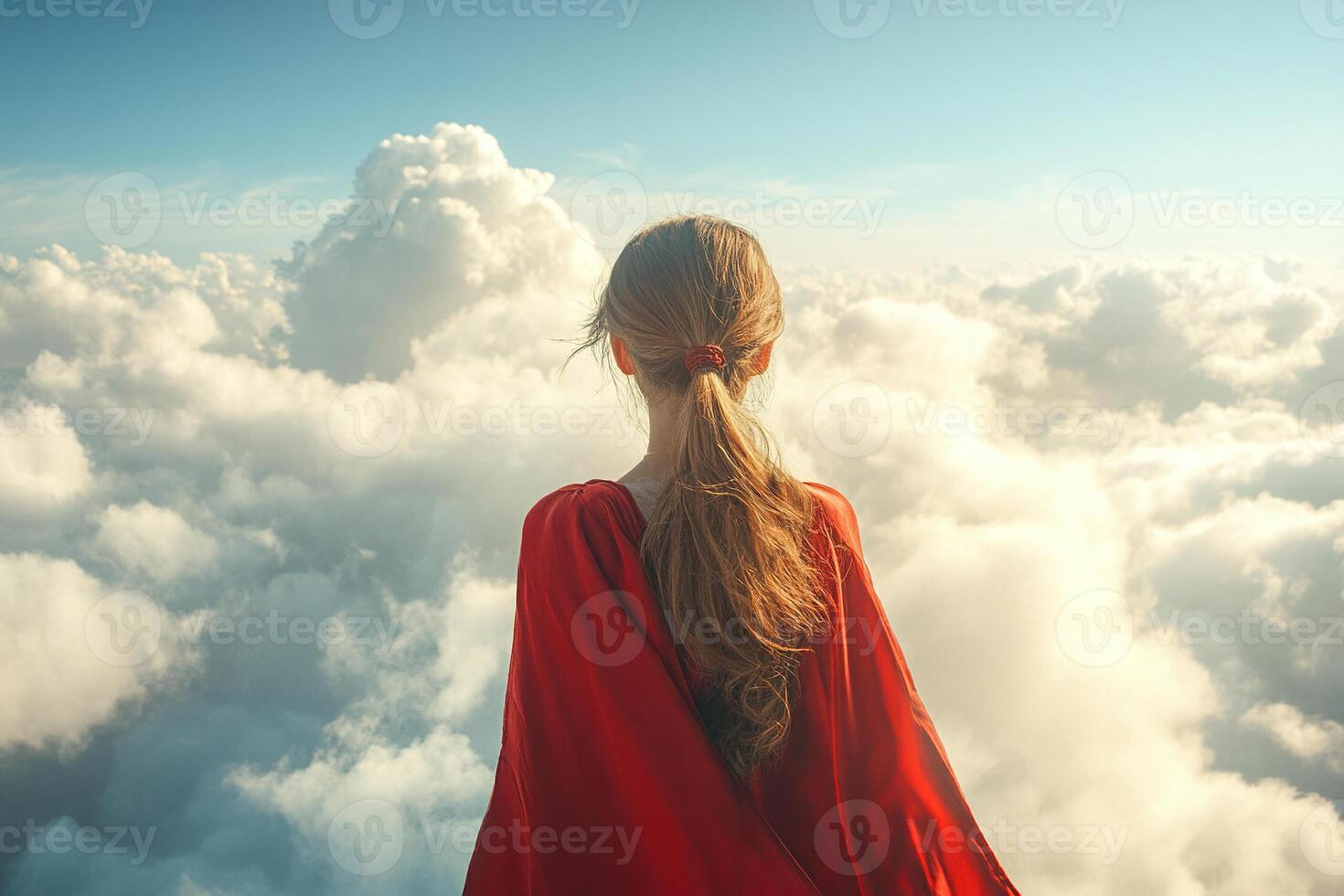 Woman in red cloak stands backside among clouds, fairy tale scene photo