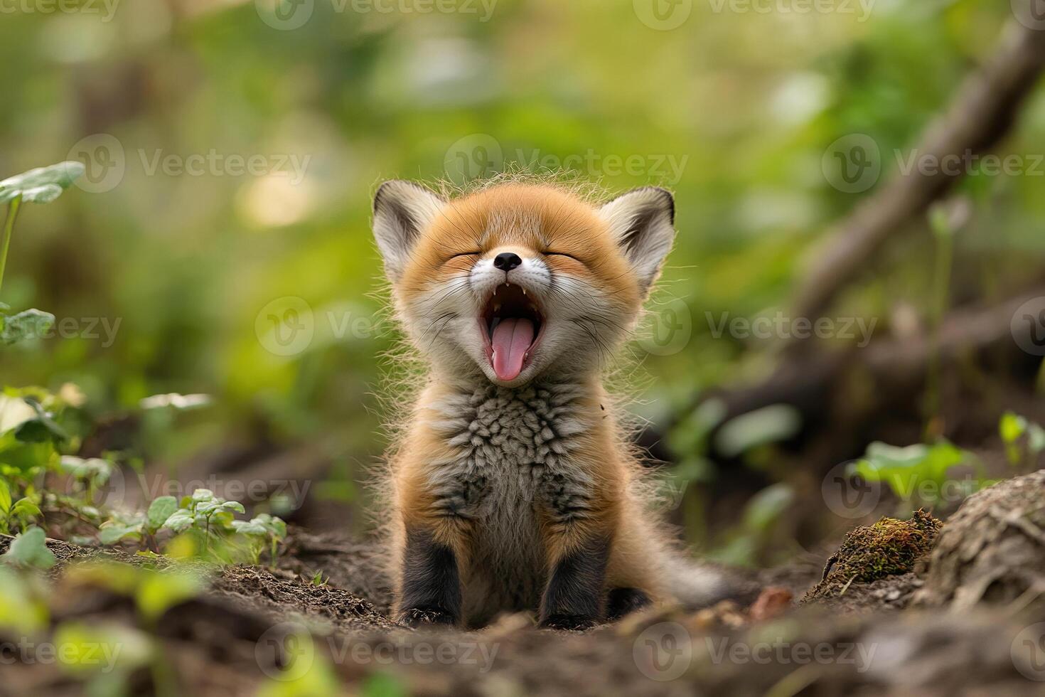 Adorable fox cub yawns in the forest photo