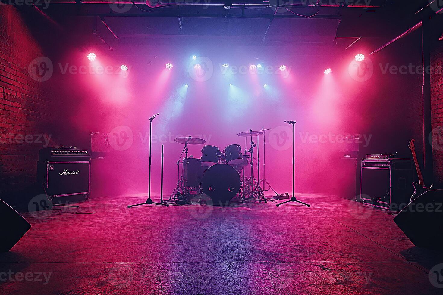 A colorful stage setup with drums and microphones in stage smoke photo