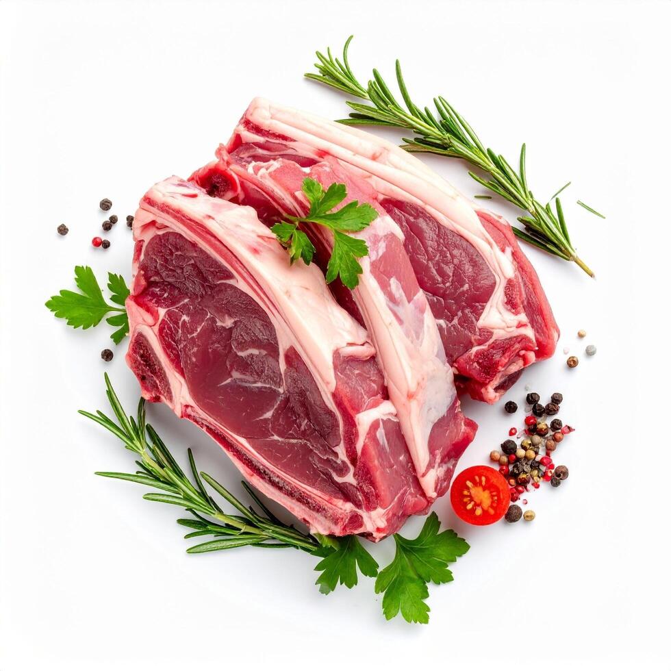 Raw Mutton Cuts in Gourmet Presentation with Herbs photo