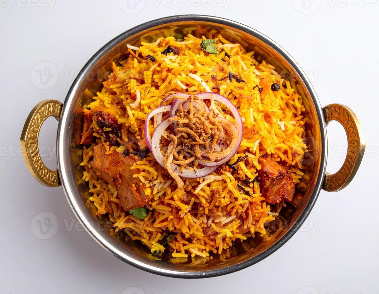 Luxurious Top View of Vibrant Aromatic Biryani with Fragrant Spices photo