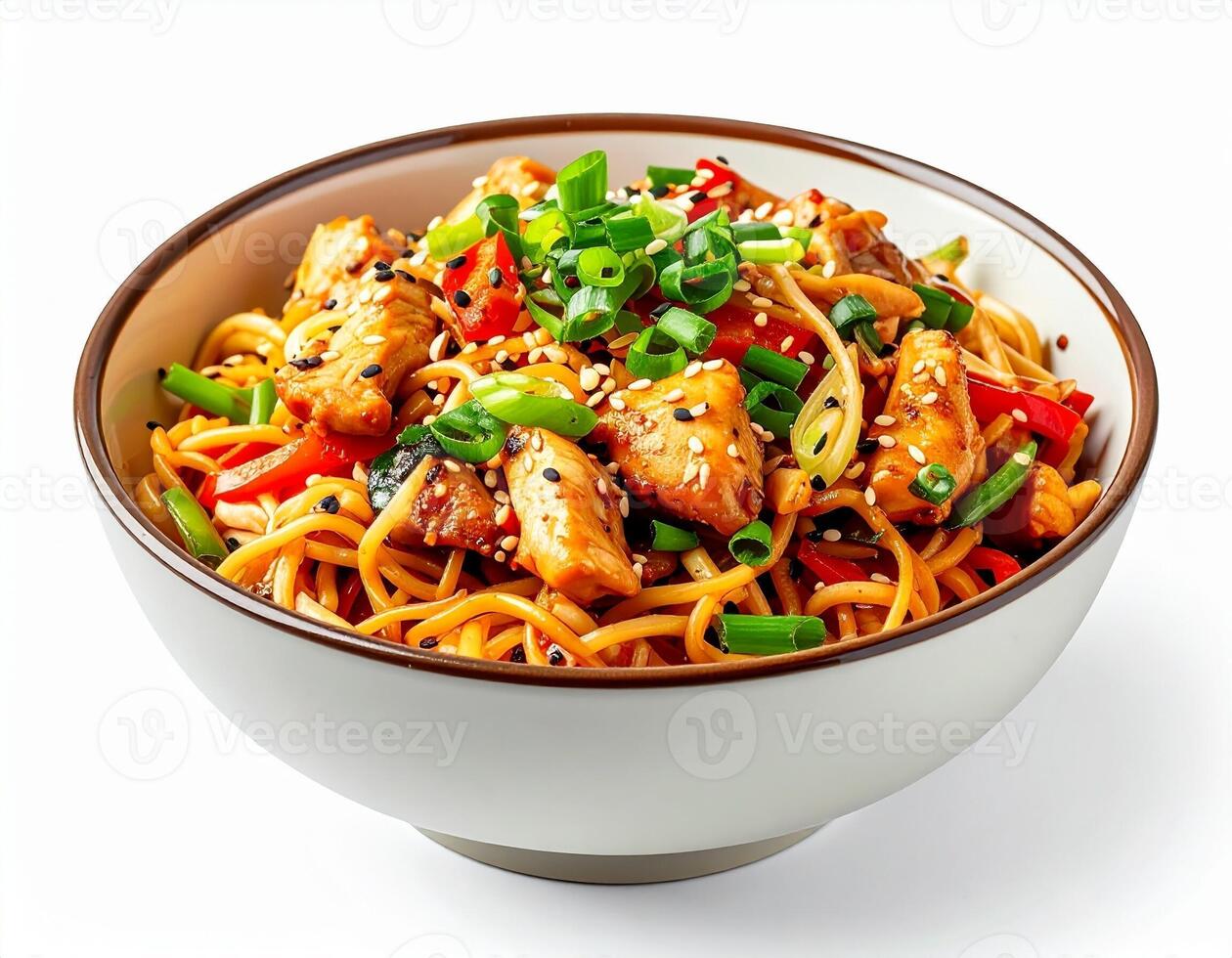 Flavorful Chicken Chow Mein Noodles with Spring Onion and Sesame Garnish photo