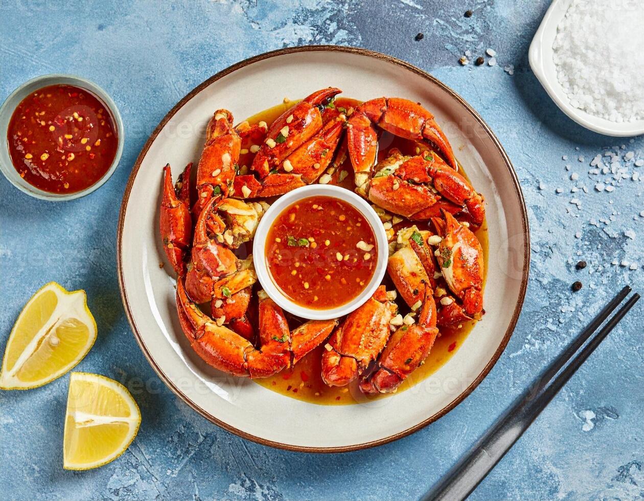 Chinese Crab Claws with Garlic and Chili Sauce Neatly Arranged on a Circular Plate photo
