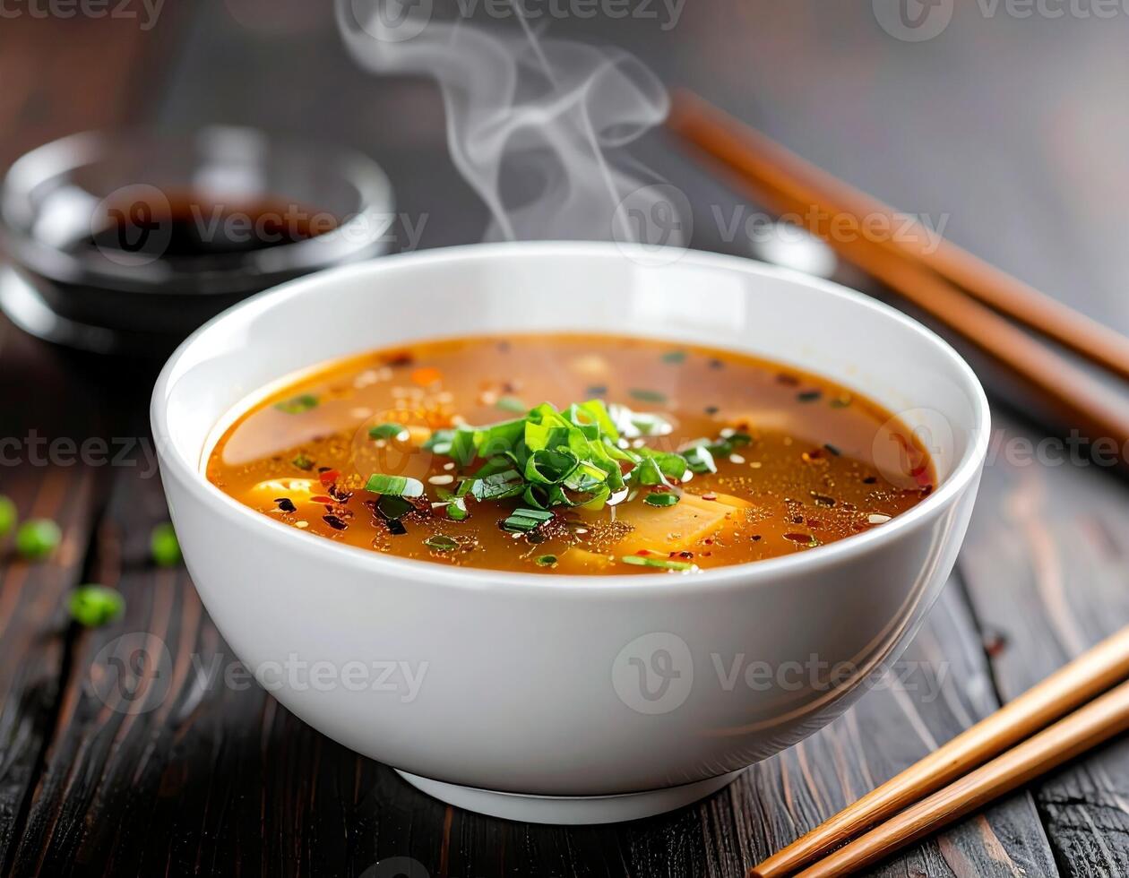 Hot and Sour Soup in a White Bowl with Visible Steam on a Wooden Table photo