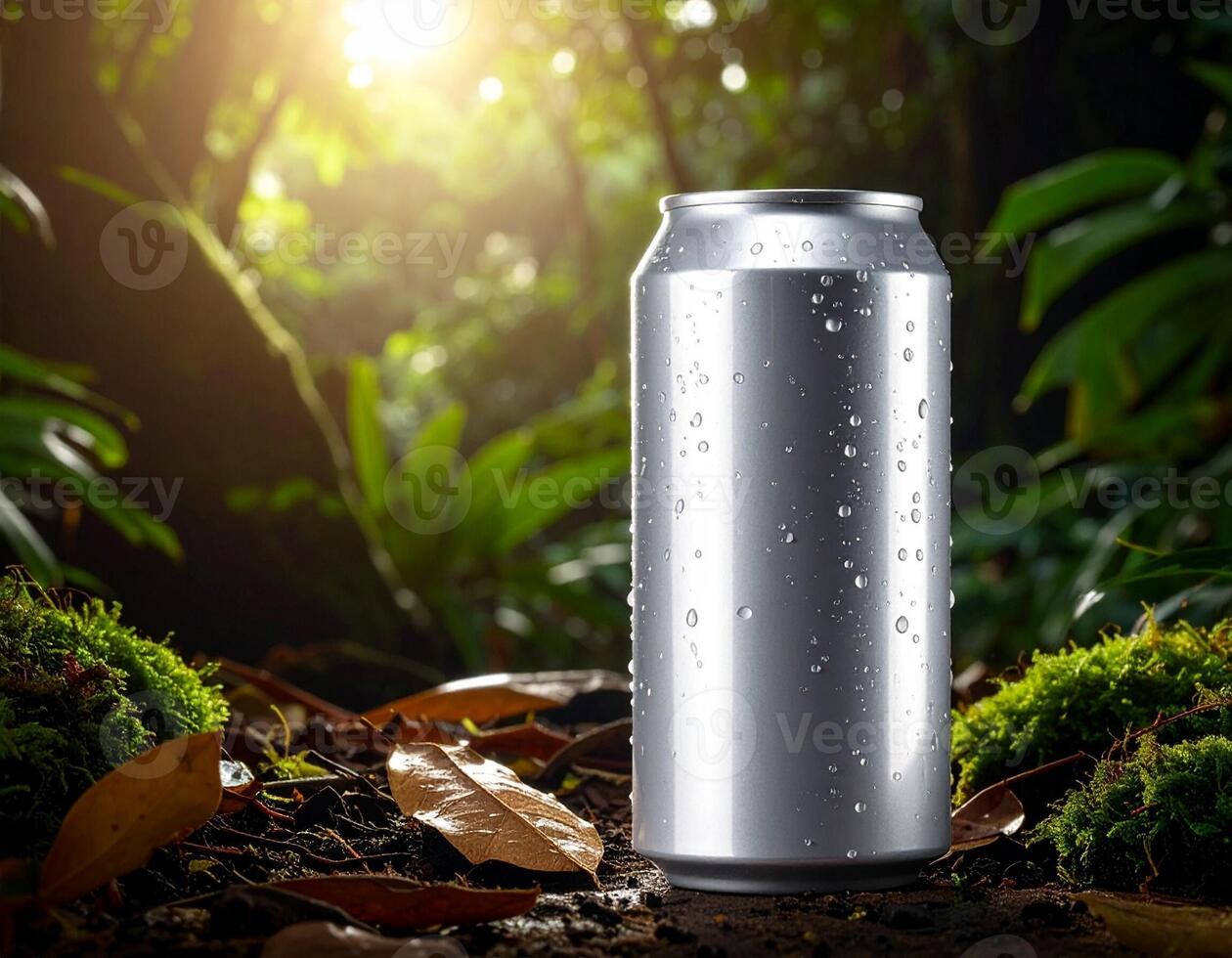 Green Forest Background With Beverage Can Display photo