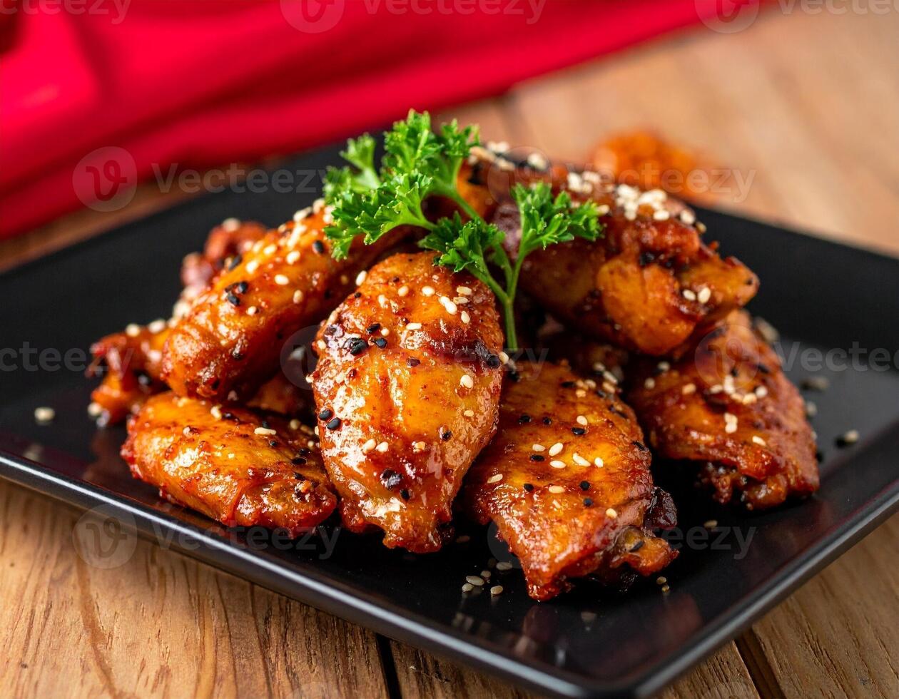 Crispy Honey Garlic Chicken Wings with Sesame Seeds and Parsley Garnish photo