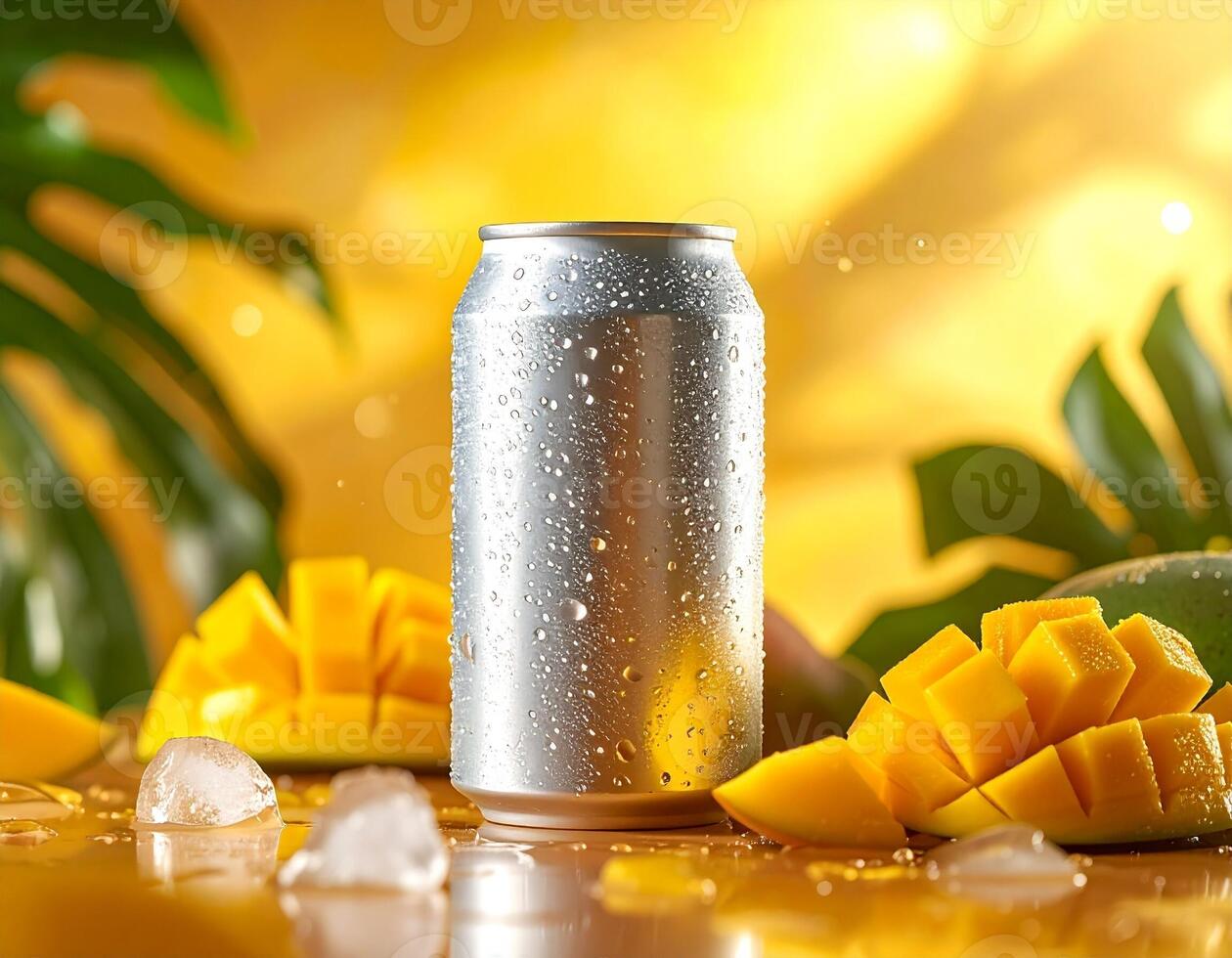 Refreshing Mango Beverage Can With Condensation photo