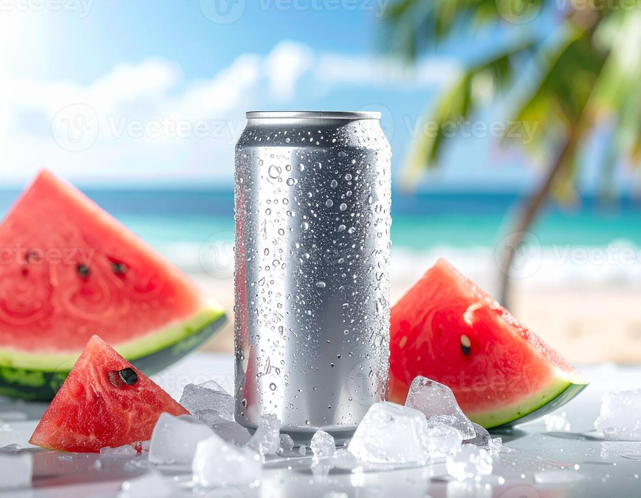 Metallic Can Displaying Refreshing Watermelon Juice photo