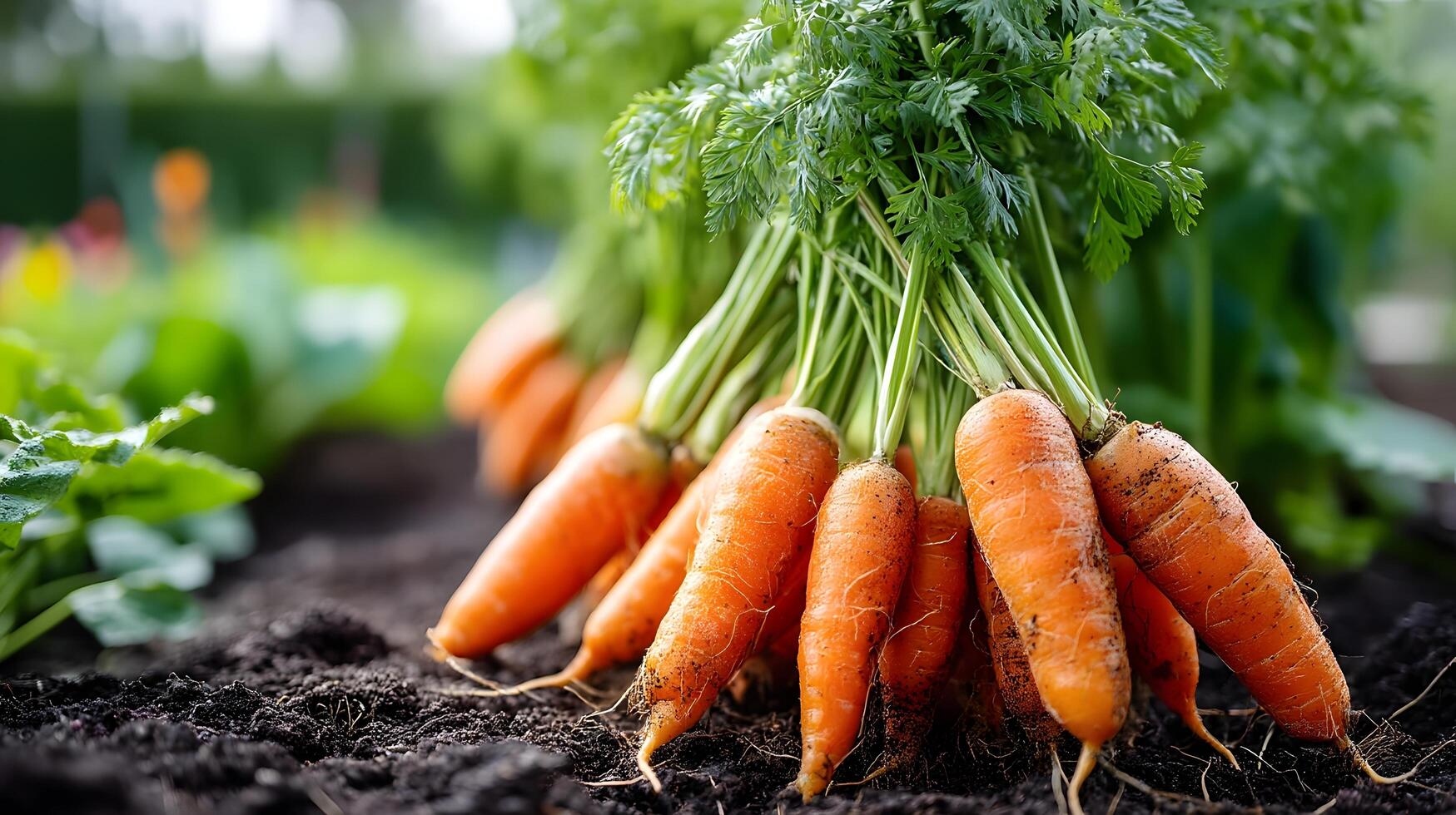 Freshly picked carrots in a garden setting long title Freshly harvested orange carrots with green photo