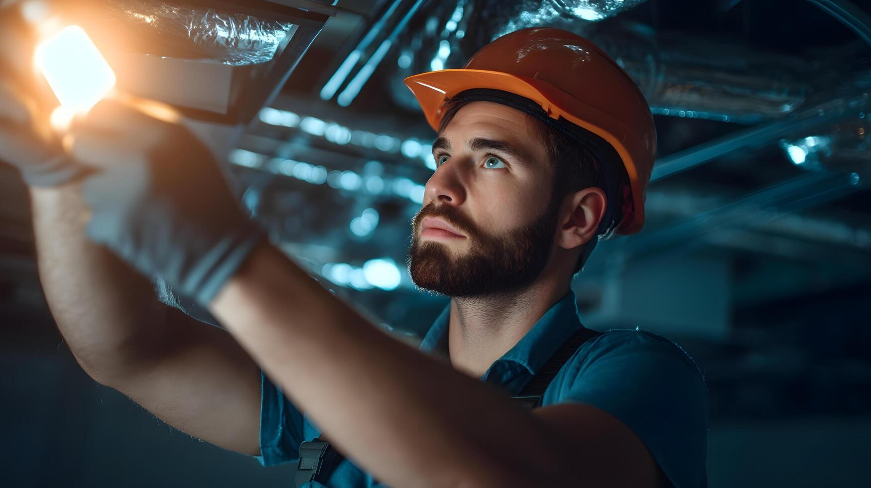 Technician installing and testing energy efficient LED lighting systems in a modern commercial photo