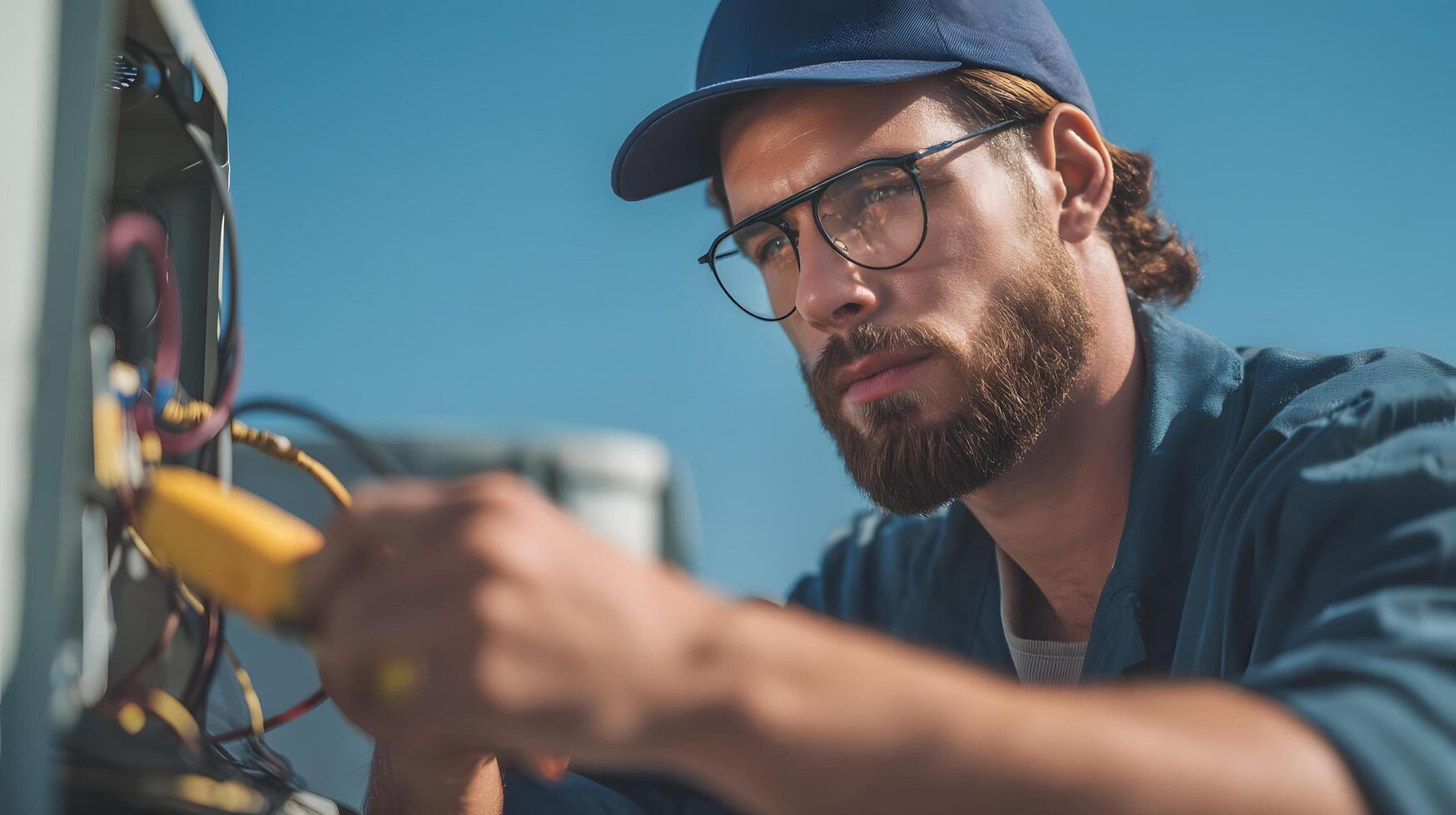 HVAC technician servicing rooftop unit of commercial building photo