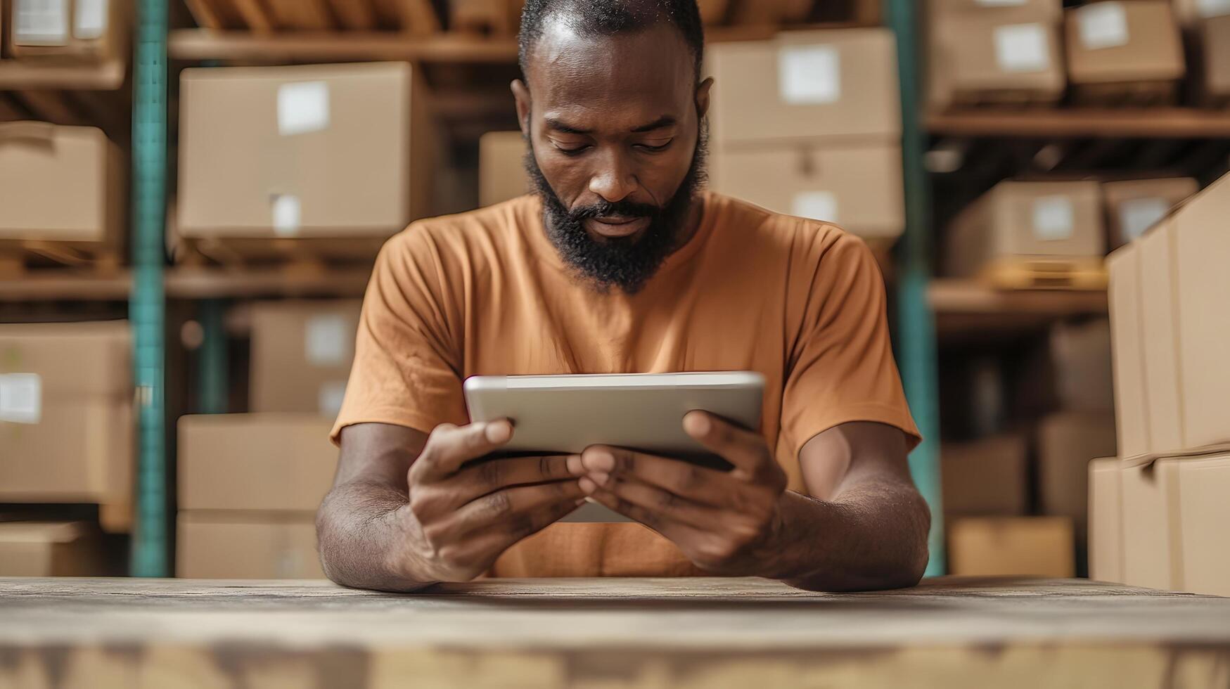 Warehouse worker using digital tablet for inventory management photo