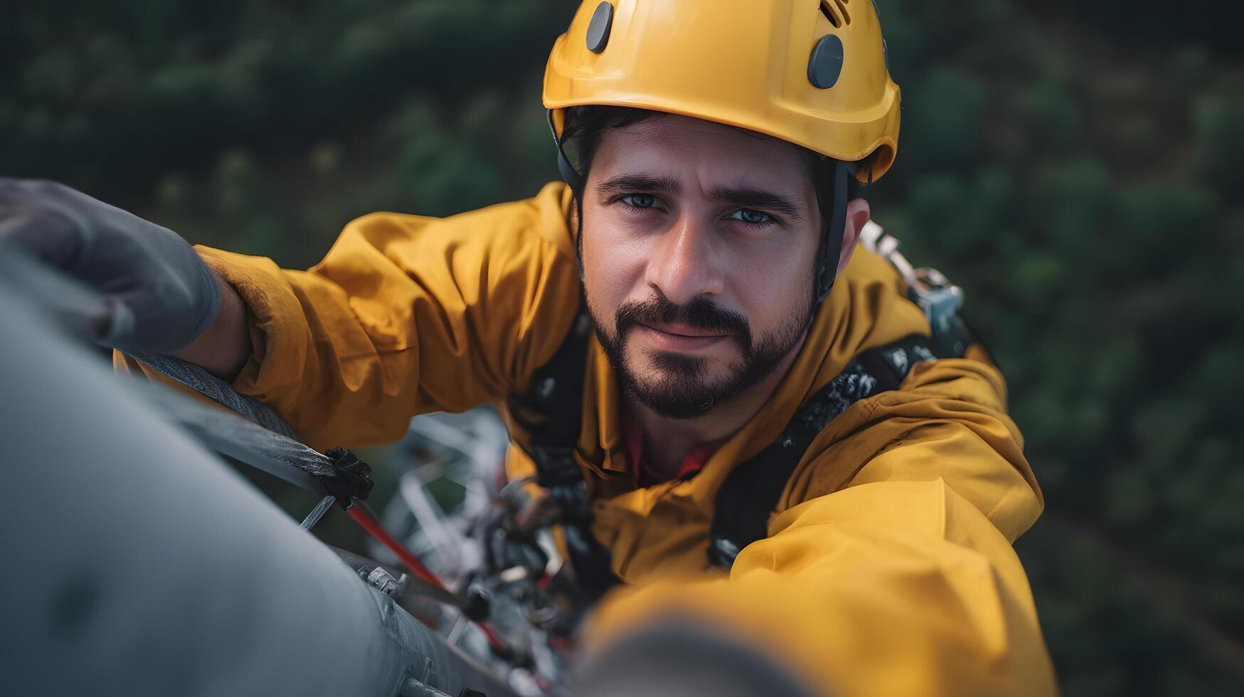 Telecommunication technician man climbing and inspecting a telecom tower photo