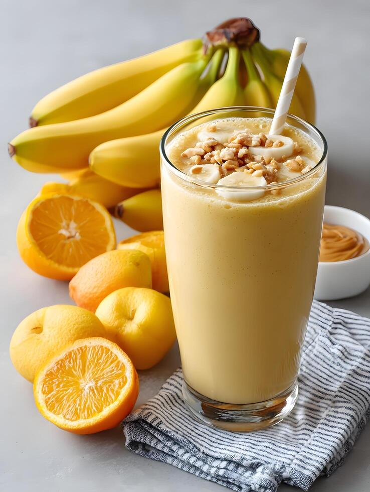 Creamy peanut butter banana smoothie with citrus fruits photo