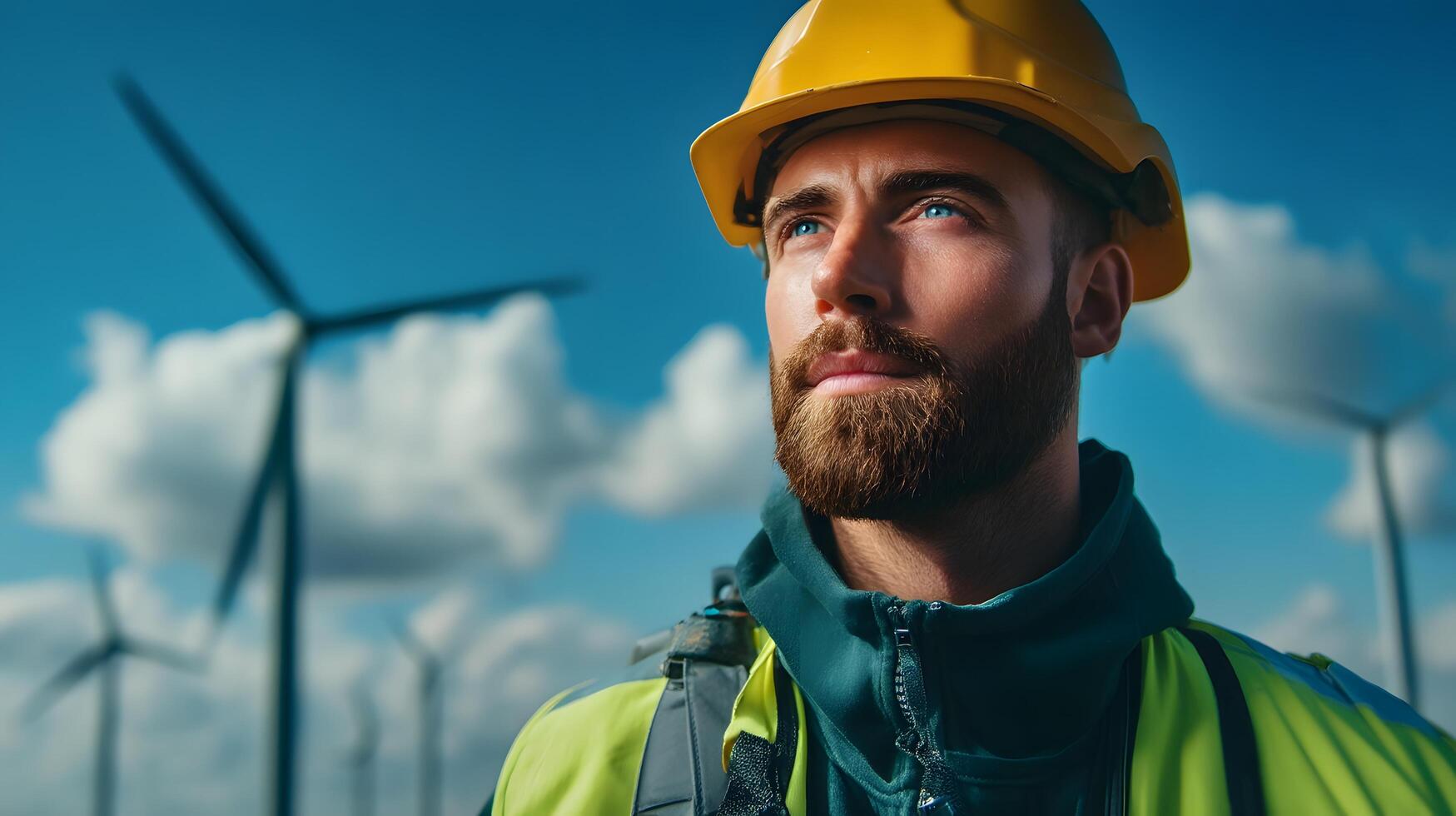 Wind turbine technician inspecting and maintaining blades at a renewable energy farm photo