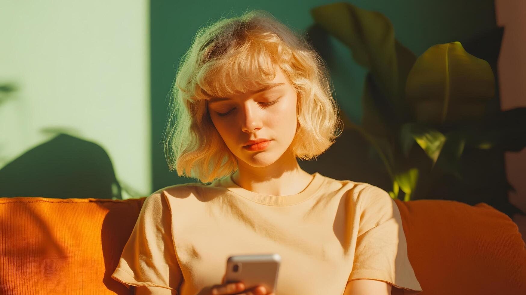 Blonde woman using mobile phone at home photo