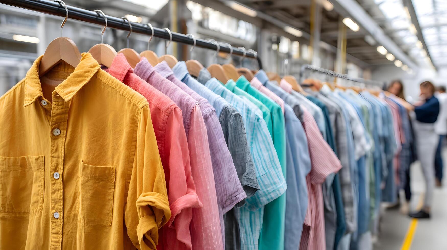 Colorful clothing items hanging on racks in a bright modern fashion warehouse photo