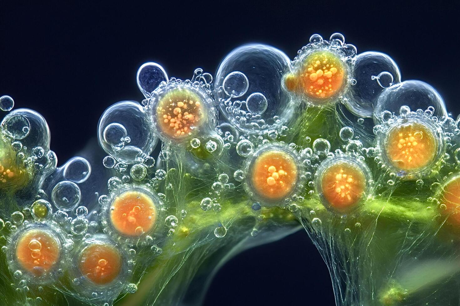 Volvox algae releasing daughter colonies creating oxygen bubbles photo