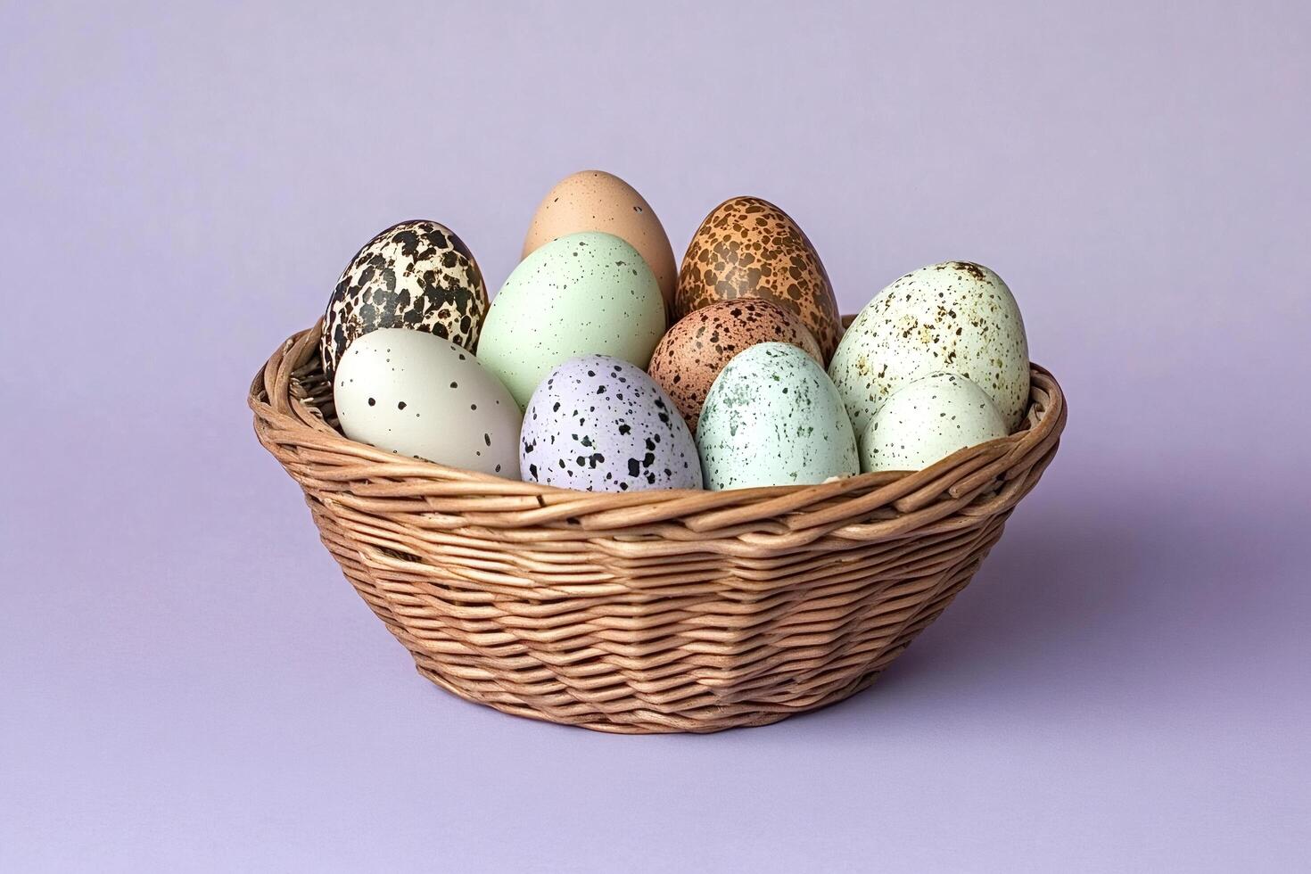 Easter eggs with pastel colors resting in wicker basket on purple background photo