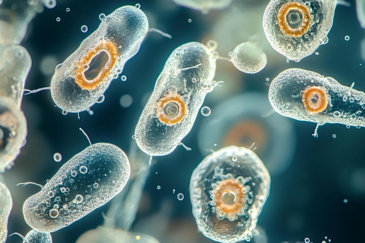 Vorticella microorganism showing cilia and macronucleus under the microscope photo