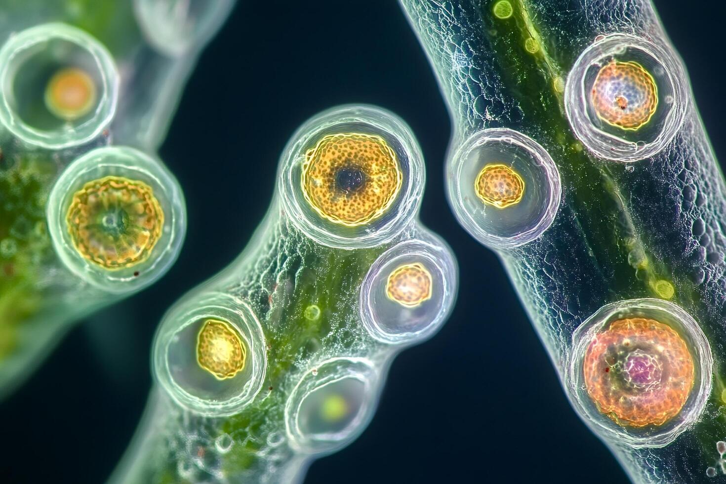 Chara algae cells showing cytoplasmic streaming under microscope photo