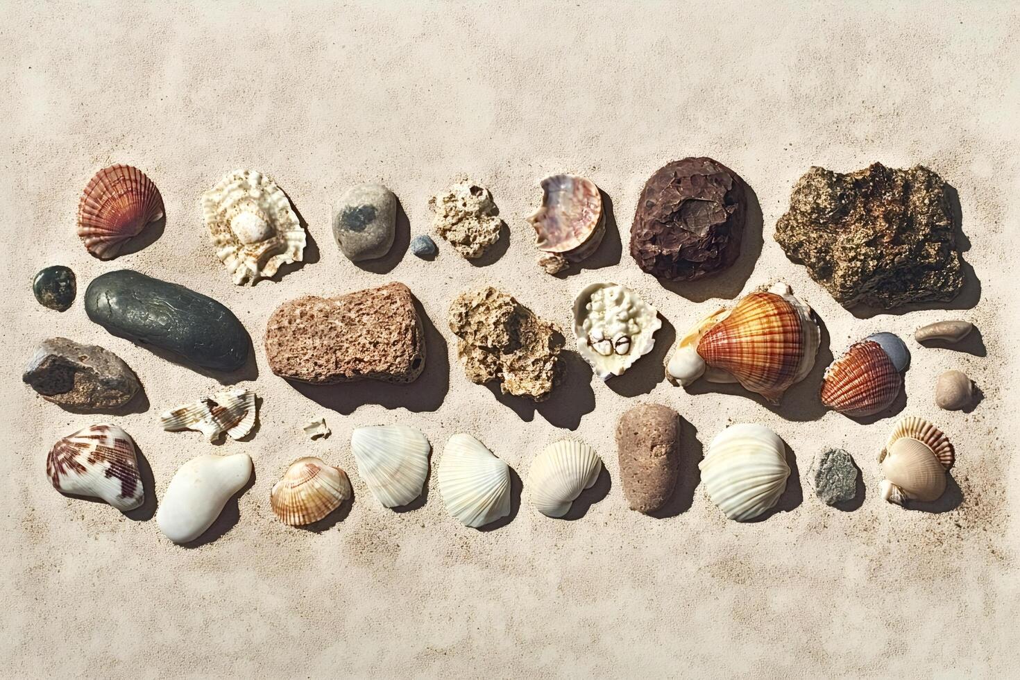 Seashells and rocks creating a pattern on the beach sand photo