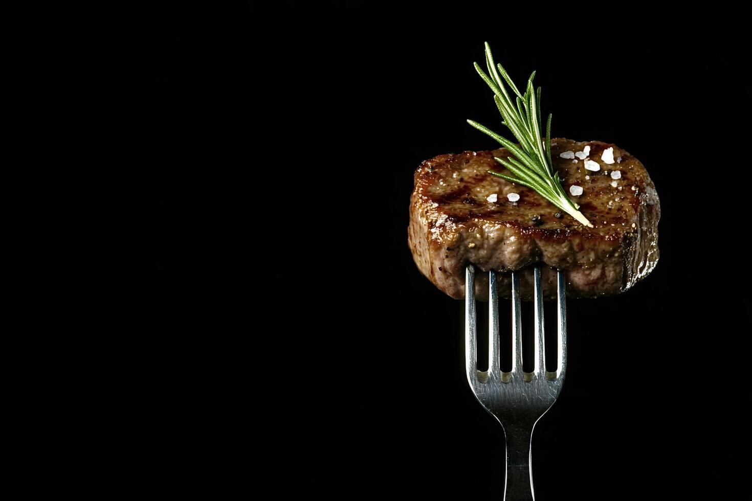 Grilled meat with rosemary and salt on a fork on black background photo