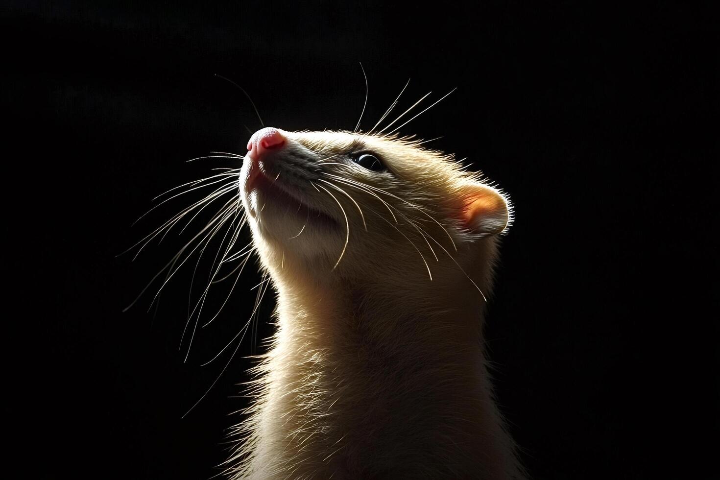 Ferret looking up in the dark with light on its face photo