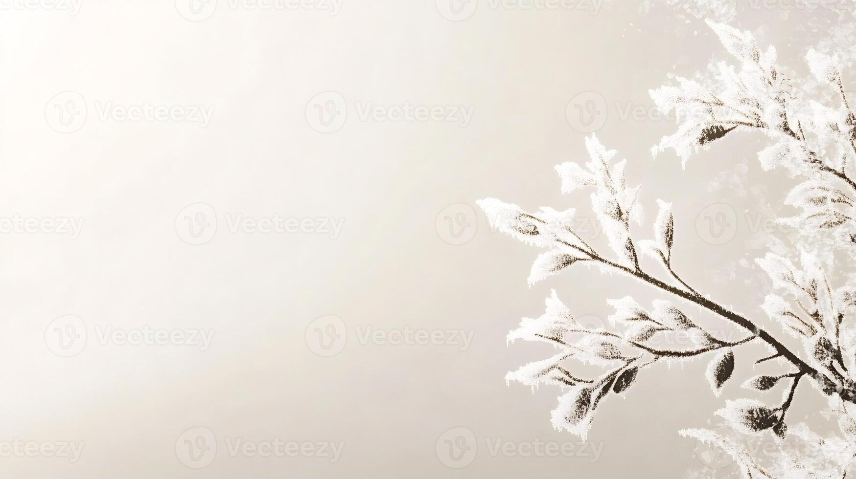 Close-up view of a frozen tree branch covered in snow and ice crystals, creating a serene and beautiful winter scene with a soft, light brown background photo